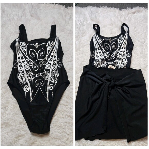 Sun Streak Newport News Black One Piece Swimsuit & Skirt Size 10 - Picture 1 of 11